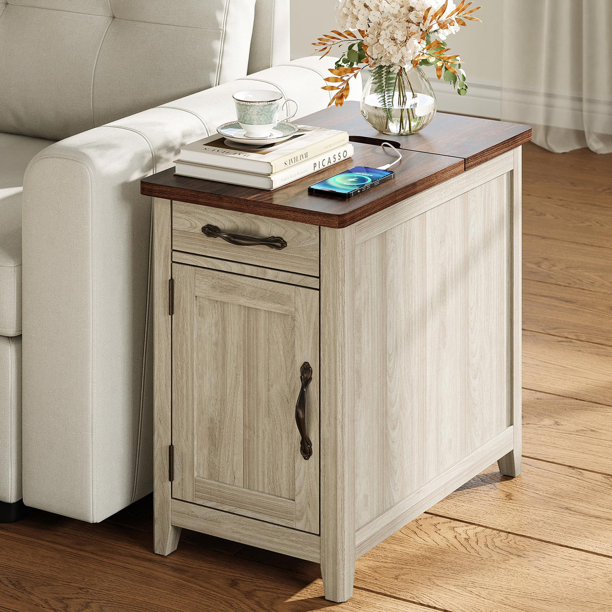 Charging End Table with USB Ports, Wooden Door, Washed Grey T7239