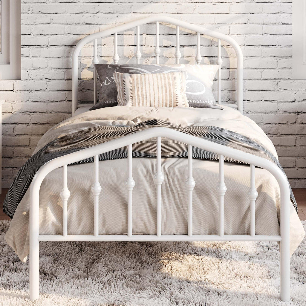 Twin Size White Metal Bed Frame with Wrought Iron-Art Headboard M142
